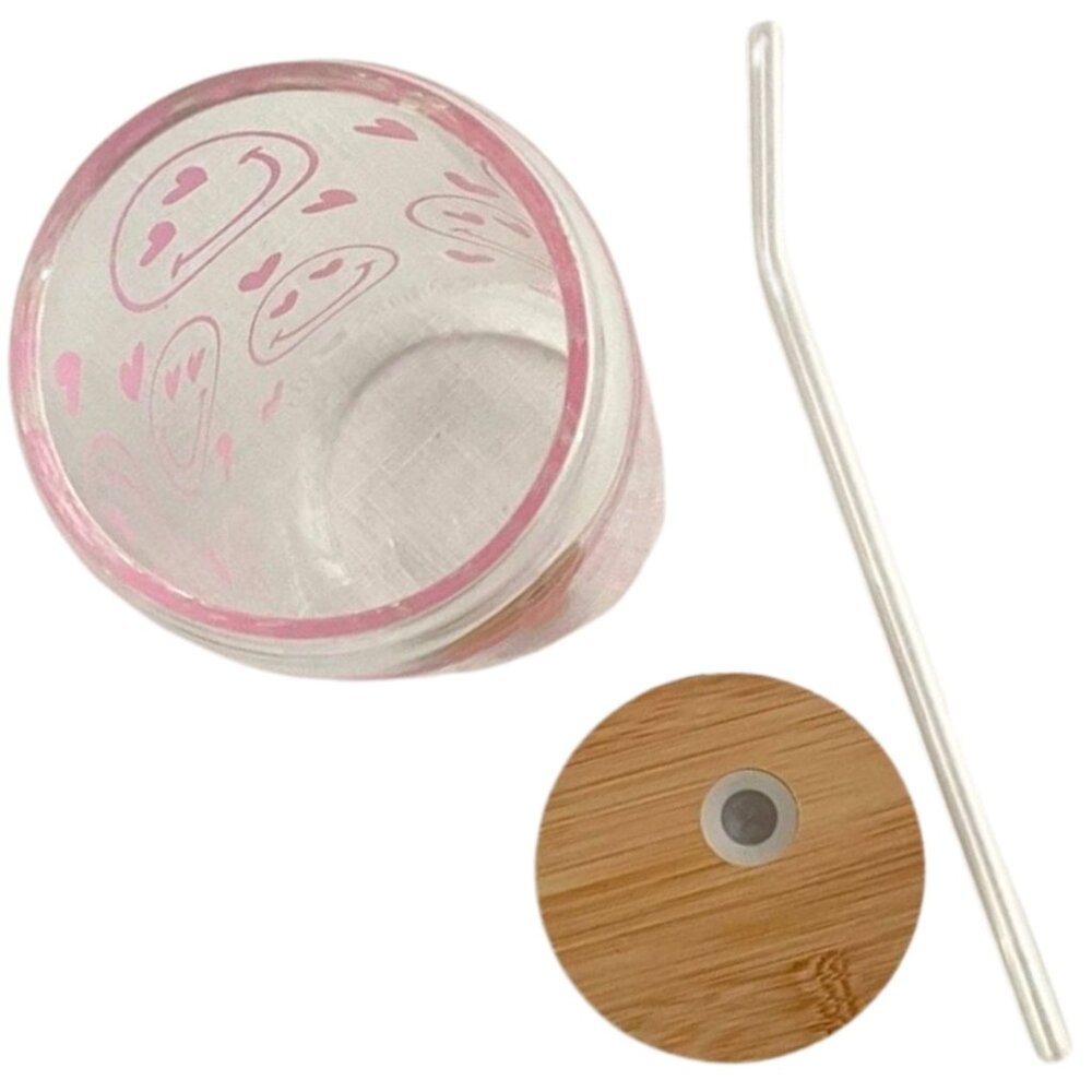 Pink Smiley Face Glass Tumbler 16 oz with Hearts Bamboo Lid and Glass Straw - Picture 7 of 10